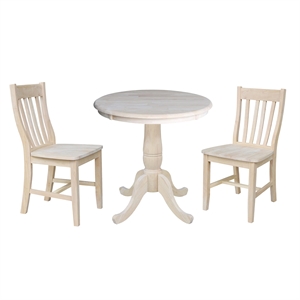 30&quot Round Top Solid Wood Pedestal Table With 2 Dining Chairs in Unfinished