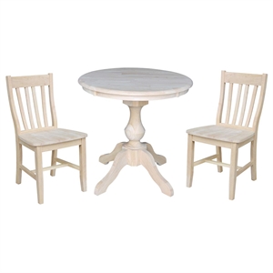 30&quot Round Top Solid Wood Pedestal Table With 2 Cafe Chairs in Unfinished