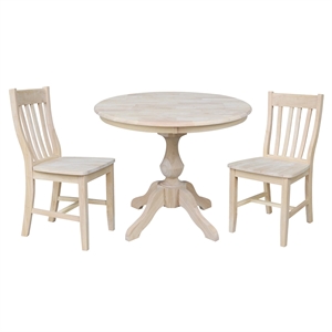 36&quot Round Top Solid Wood Pedestal Table With 2 Cafe Chairs in Unfinished