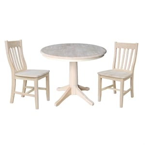 36&quot Round Top Solid Wood Pedestal Table With 2 Cafe Chairs in Unfinished