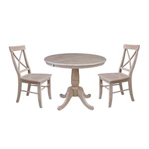 36&quot Round Extension Dining Table with Two Chairs Washed Gray Taupe