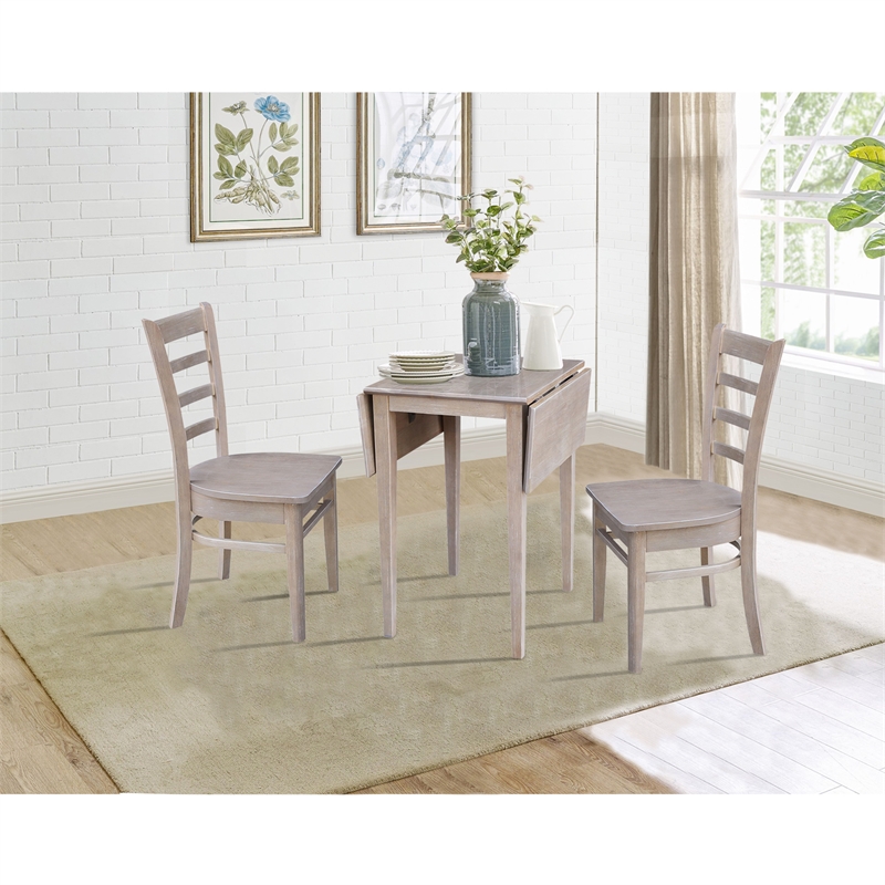 Small Wood Dual Drop Leaf Table with Two Chairs  Washed Gray Taupe