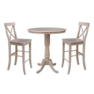 36&quot Round Pedestal Bar Height Table with Two Bar Height Stools  Weathered Grey