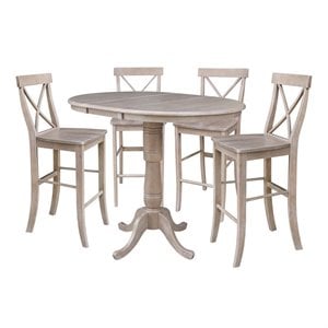 36&quot Round Extension Dining Table with Four Bar height Stools  Washed Gary Taupe
