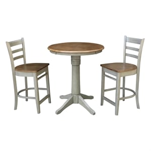 30&quot Round Solid Wood Distressed Hickory/Stone Table With 2 Emily Counter Stools