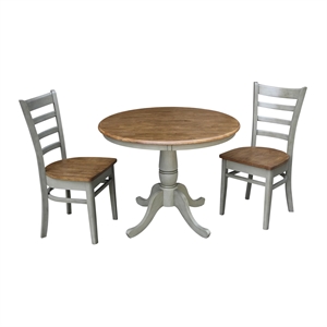 36&quot Round Solid Wood Distressed Hickory/Stone Dining Table With 2 Chairs