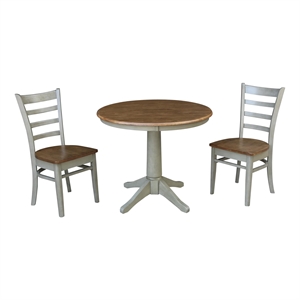 36&quot Round Solid Wood Distressed Hickory/Stone Dining Table With 2 Chairs