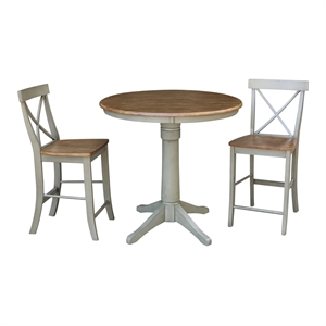 36&quot Round Solid Wood Distressed Hickory/Stone Counter Height Table With 2 Stools