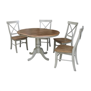 36&quot Round Wood Distressed Hickory/Stone Extension Dining Table With 4 Chairs