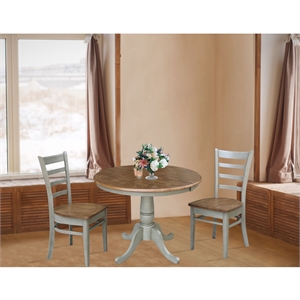 36&quot Round Wood Distressed Hickory/Stone Extension Dining Table With 2 Chairs