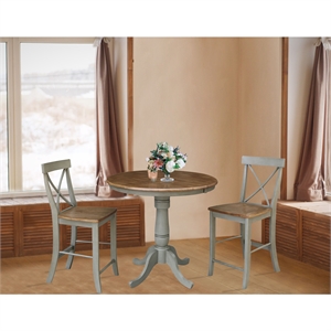 36&quot Round Wood Distressed Hickory/Stone Extension Dining Table With 2 Stools