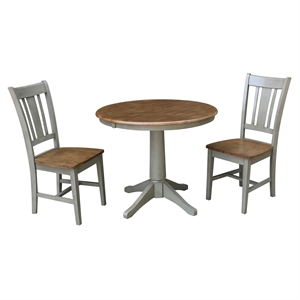 36&quot Round Wood Distressed Hickory/Stone Extension Dining Table With 2 Chairs