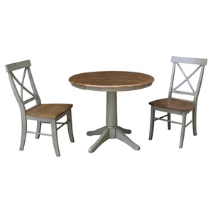 36&quot Round Wood Distressed Hickory/Stone Extension Dining Table With 2 Chairs