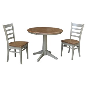 36&quot Round Wood Distressed Hickory/Stone Extension Dining Table With 2 Chairs