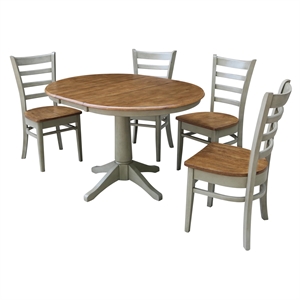 36&quot Round Wood Distressed Hickory/Stone Extension Dining Table With 4 Chairs