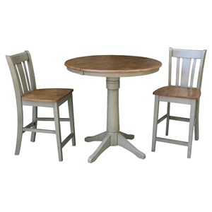 36&quot Round Wood Distressed Hickory/Stone Extension Dining Table With 2 Stools