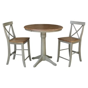 36&quot Round Wood Distressed Hickory/Stone Extension Dining Table With 2 Stools