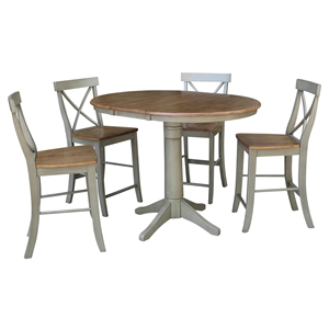 36&quot Round Wood Distressed Hickory/Stone Extension Dining Table With 4 Stools