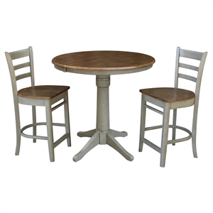 36&quot Round Wood Distressed Hickory/Stone Extension Dining Table With 2 Stools