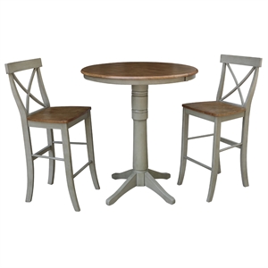 36&quot Round Wood Distressed Hickory/Stone Extension Dining Table With 2 Stools
