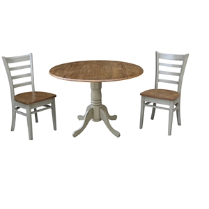 42&quot Solid Wood Distressed Hickory/Stone Drop Leaf Table With 2 Emily Chairs