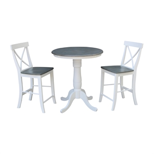 30&quot Round Solid Wood Gray  Table With 2 X-Back Counter Stools