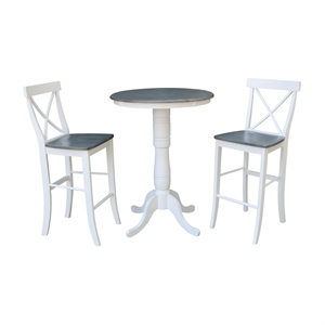 30&quot Round Solid Wood Gray Bar Table With 2 X-Back  Bar Stools