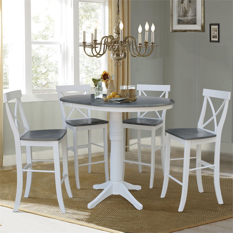 36'' Solid Wood Round Extension Dining Table With 4 Stools in White/Gray