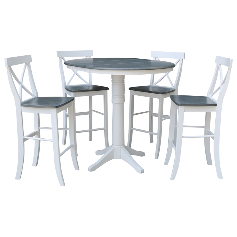 36'' Solid Wood Round Extension Dining Table With 4 Stools in White/Gray