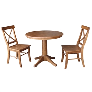 36&quot Solid Wood Round Extension Dining Table with 2 X-Back Stools in Oak