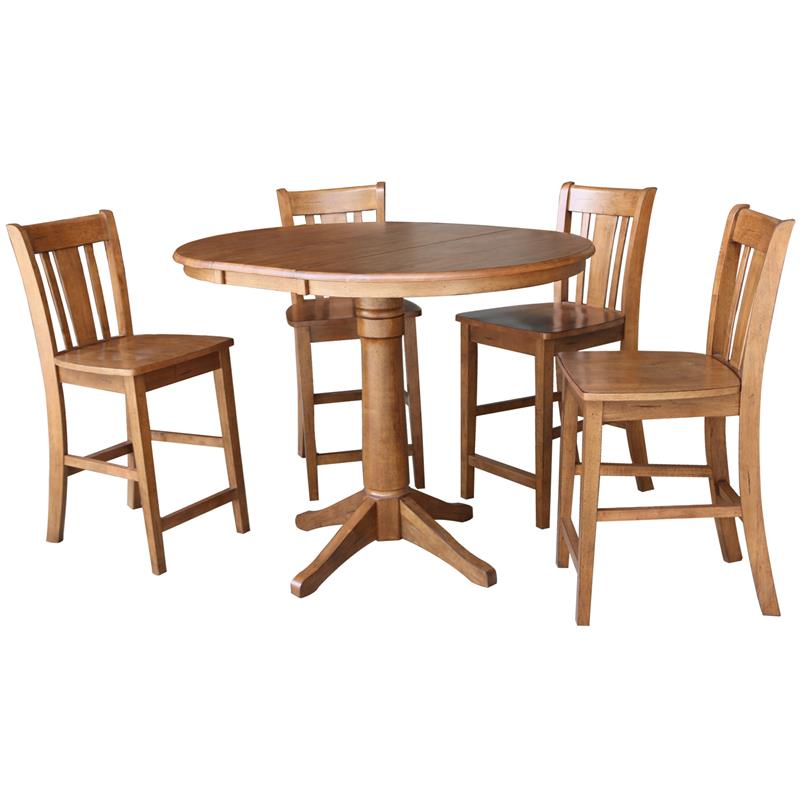 International Concepts 5-Piece Dining Set with 36 inch Round Extension Table and 4 Counter Height Stools, Hickory/Washed Coal