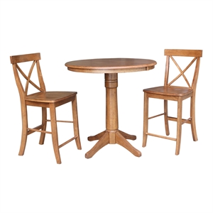 36&quot Solid Wood Round Extension Dining Table with 2 X-Back Stools in Oak