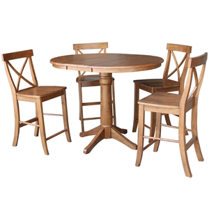 36&quot Solid Wood Round Extension Dining Table with 4 X-Back Stools in Oak