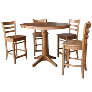 36&quot Solid Wood Round Extension Counter Height Dining Table with 4 Stools in Oak