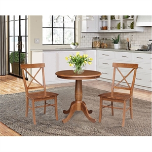 30&quot Solid Wood Round Pedestal Table in Distressed Oak with 2 X-Back Chairs