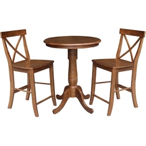 30&quot  Solid Wood Round Pedestal Table in Distressed Oak with 2 X-Back Stools