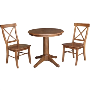 30&quot Solid Wood Round Pedestal Table in Distressed Oak  with 2 X-Back Chairs