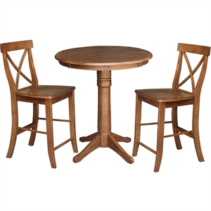30&quot Solid Wood Round Pedestal Table in Distressed Oak with 2 X-Back Stools