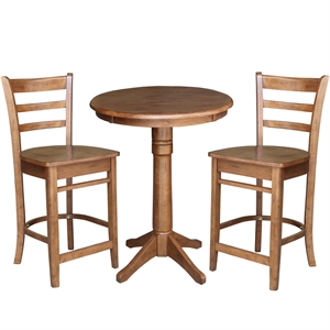 30&quot Solid Wood Round Pedestal Table in Distressed Oak with 2 Emily Stools