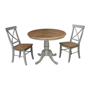 36&quot Solid Wood Round Pedestal Table in Distressed Oak with 2 X-Back Chairs