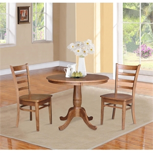 36&quot Solid Wood Round Pedestal Table in Distressed Oak with 2 Emily Chairs