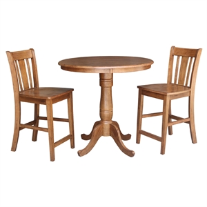 36&quot Solid Wood Round Pedestal Table in Distressed Oak with 2 San Remo Stools