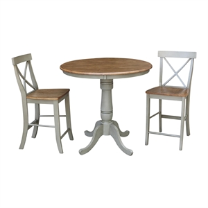 36&quot Solid Wood Round Pedestal Table in Distressed Oak  with 2 X-Back Stools