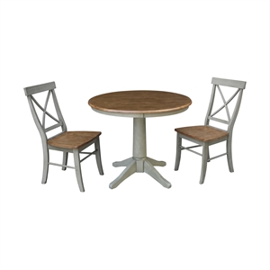 36&quot Solid Wood Round Pedestal Table in Distressed Oak with 2 X-Back Chairs