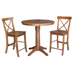 36&quot Solid Wood Round Pedestal Table in Distressed Oak with 2 X-Back Stools