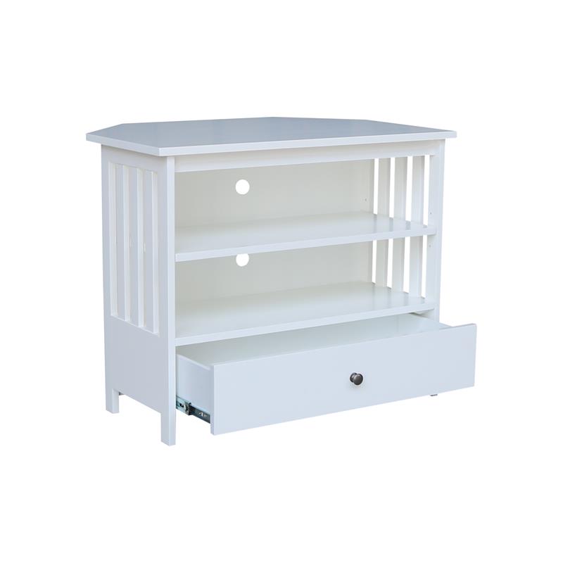 Solid Wood  TV Stand with Shelves and Drawer in White  - 28.9