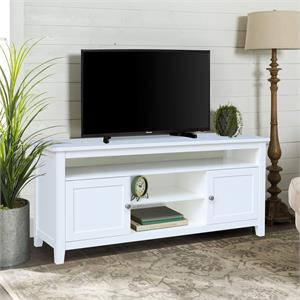 solid wood entertainment / tv stand with open shelves and 2 doors in white