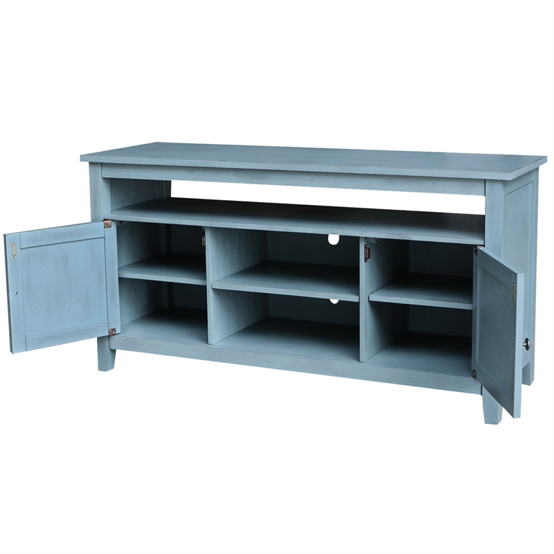 Solid Wood Entertainment / TV Stand with Open Shelves and 2 Doors in Ocean Blue