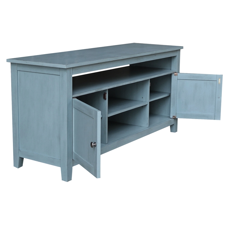 Solid Wood Entertainment / TV Stand with Open Shelves and 2 Doors in Ocean Blue