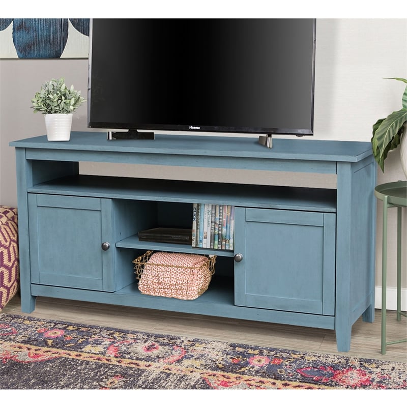 Solid Wood Entertainment / TV Stand with Open Shelves and 2 Doors in Ocean Blue